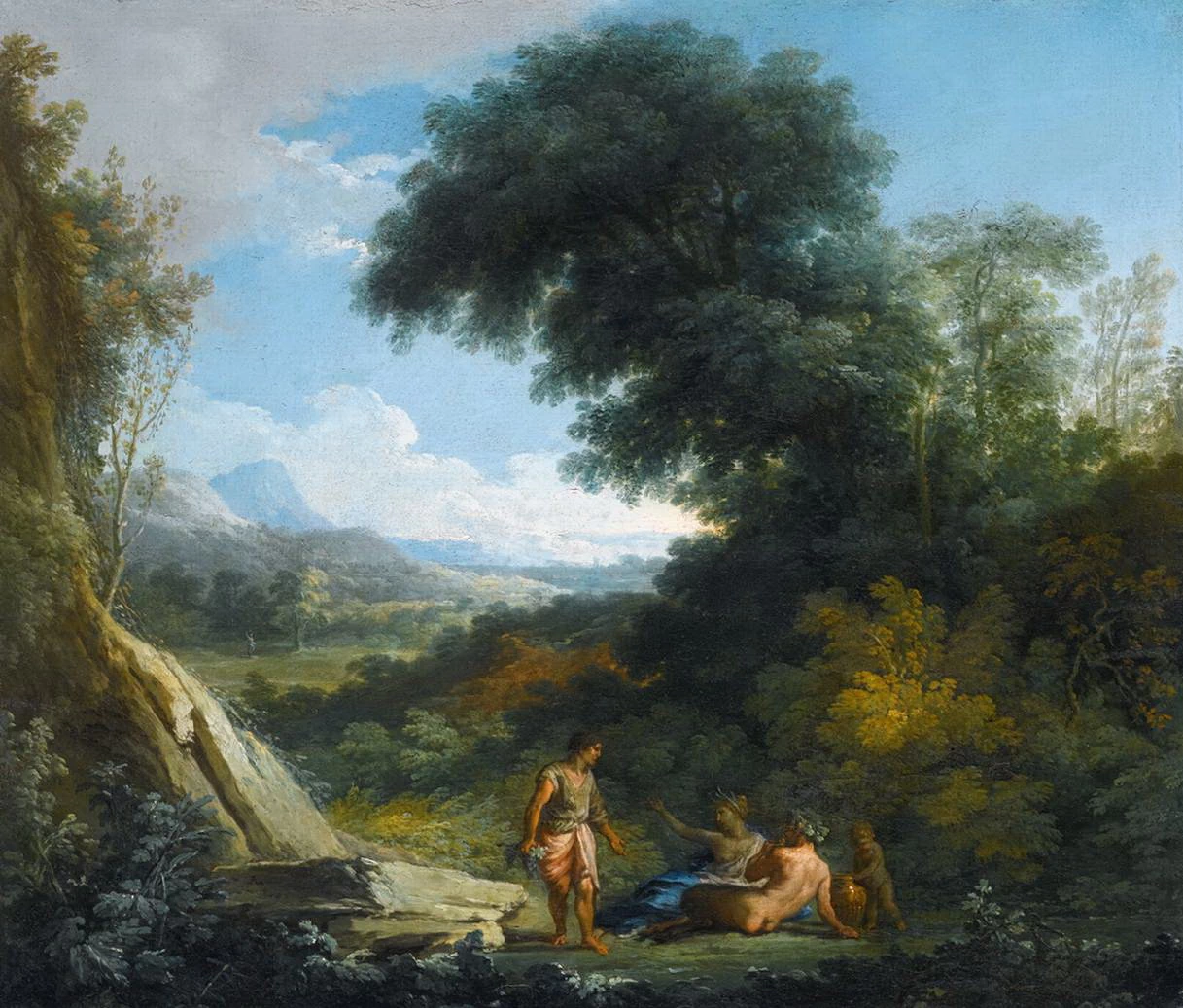 Un fauno e una ninfa sdraiati in un paesaggio